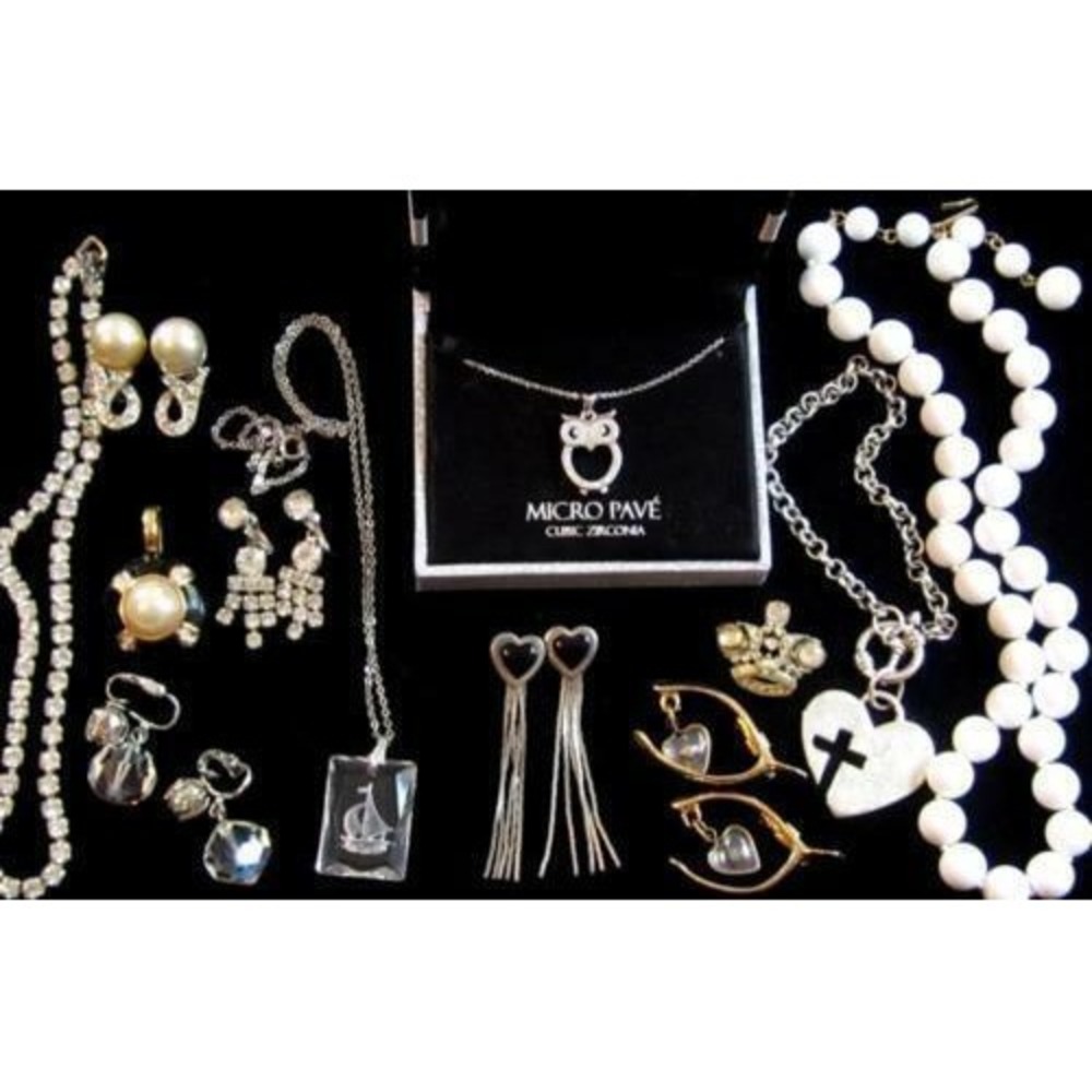 Vintage Mod Jewelry Lot*Micro Pave CZ Owl, Etched Sailboat Crystal, Rhinestone
